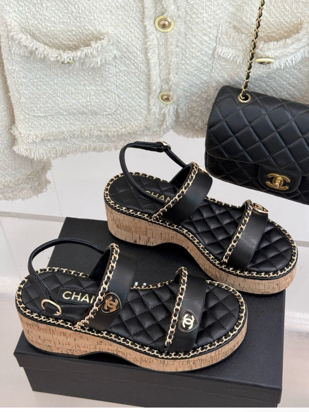 CHANEL Black Quilted Leather Cork Platform Sandals with Gold Chain